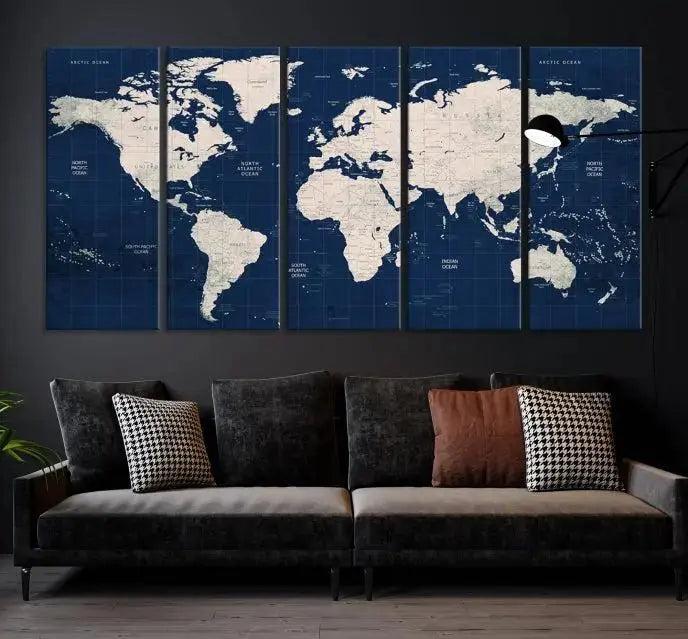 Dark Blue World Map Wall Art Canvas Print