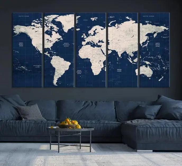 Edit-Images-Dark Blue World Map Wall Art Canvas Print