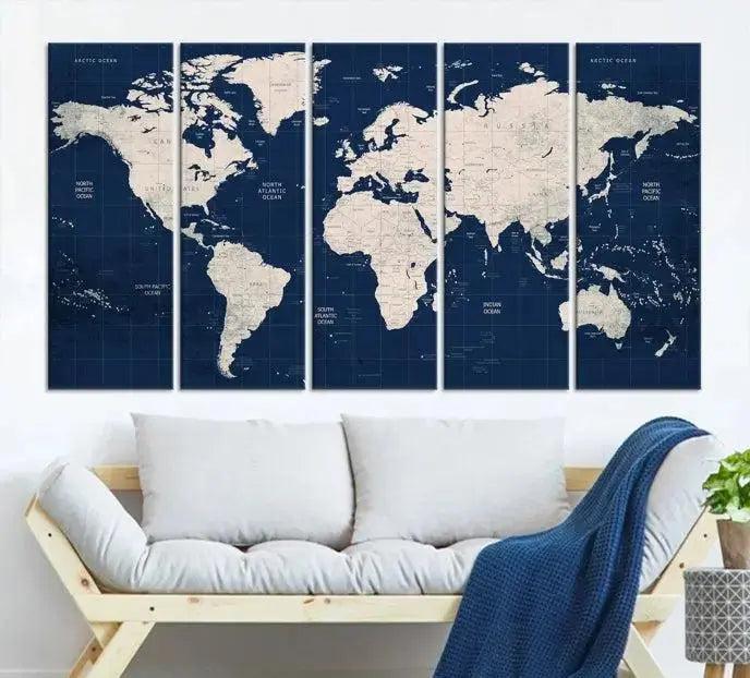 Edit-Images-Dark Blue World Map Wall Art Canvas Print