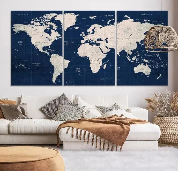 Edit-Images-Dark Blue World Map Wall Art Canvas Print