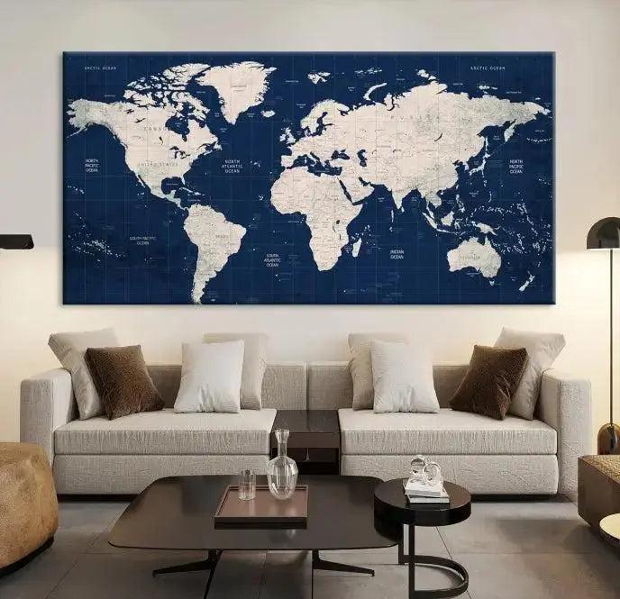 Dark Blue World Map Wall Art Canvas Print