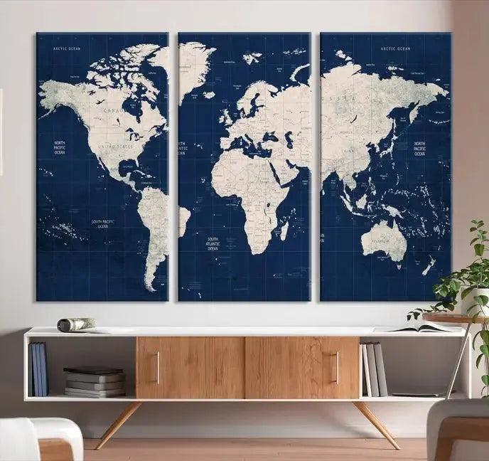 Dark Blue World Map Wall Art Canvas Print