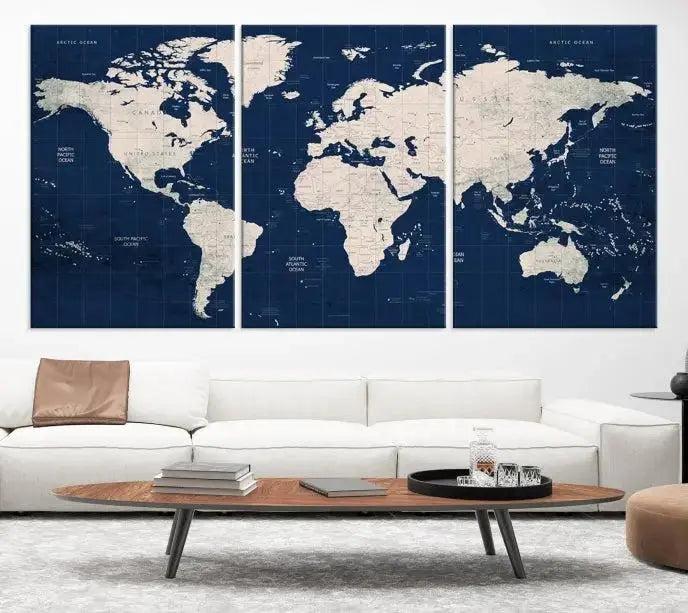 Dark Blue World Map Wall Art Canvas Print
