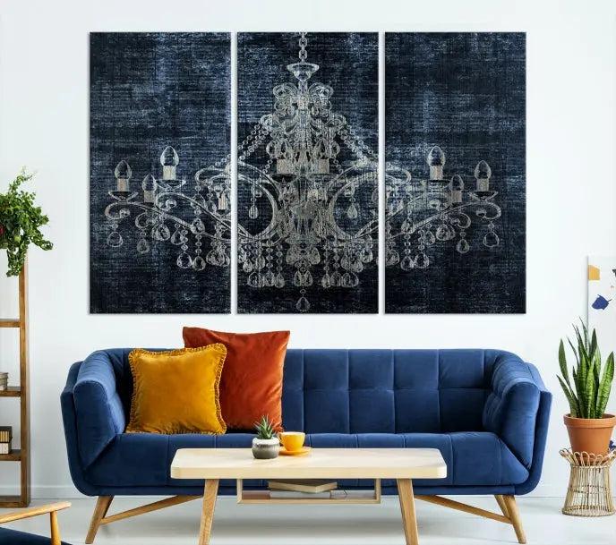 The living room is enhanced with the Dark Chandelier Wall Art Canvas Print. This triptych, set against a textured dark background and crafted on gallery-wrapped museum-quality canvas with a UV-protective coating, adds an elegant touch to the space.