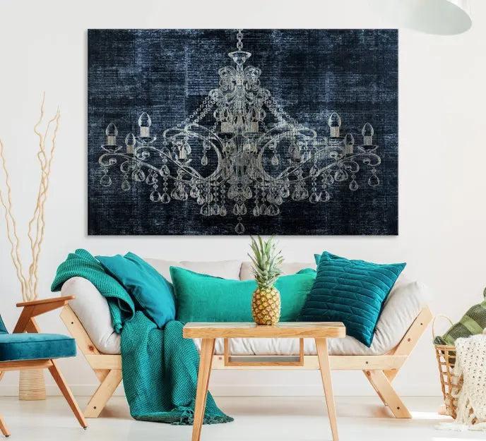 The living room is enhanced with the Dark Chandelier Wall Art Canvas Print. This triptych, set against a textured dark background and crafted on gallery-wrapped museum-quality canvas with a UV-protective coating, adds an elegant touch to the space.