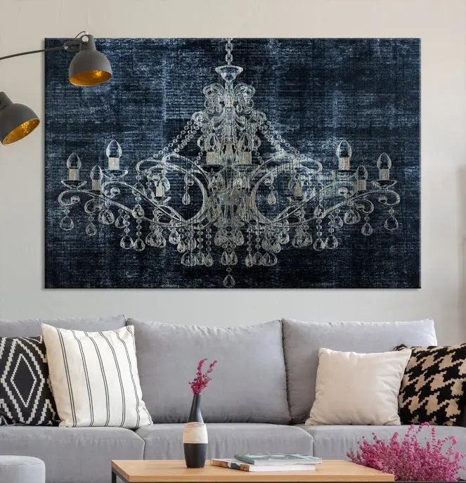 The living room is enhanced with the Dark Chandelier Wall Art Canvas Print. This triptych, set against a textured dark background and crafted on gallery-wrapped museum-quality canvas with a UV-protective coating, adds an elegant touch to the space.