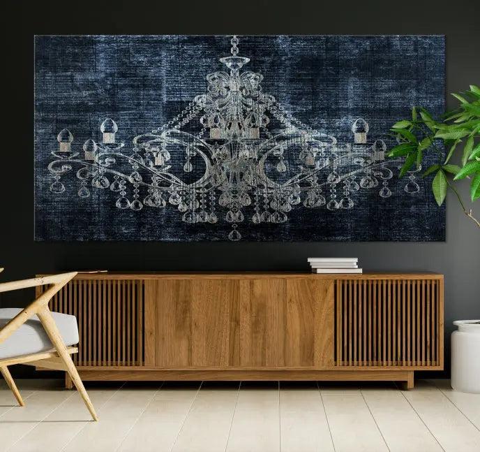 The living room is enhanced with the Dark Chandelier Wall Art Canvas Print. This triptych, set against a textured dark background and crafted on gallery-wrapped museum-quality canvas with a UV-protective coating, adds an elegant touch to the space.