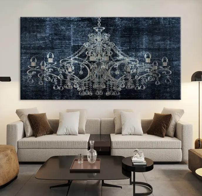 The living room is enhanced with the Dark Chandelier Wall Art Canvas Print. This triptych, set against a textured dark background and crafted on gallery-wrapped museum-quality canvas with a UV-protective coating, adds an elegant touch to the space.