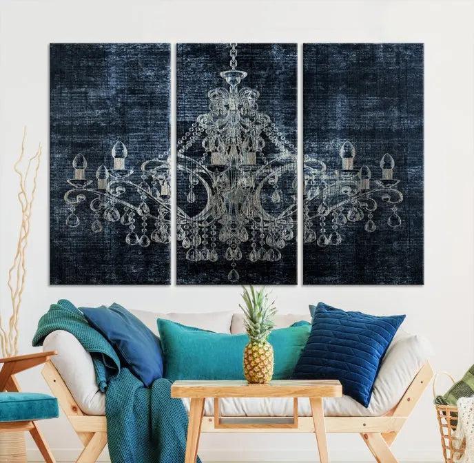 The living room is enhanced with the Dark Chandelier Wall Art Canvas Print. This triptych, set against a textured dark background and crafted on gallery-wrapped museum-quality canvas with a UV-protective coating, adds an elegant touch to the space.