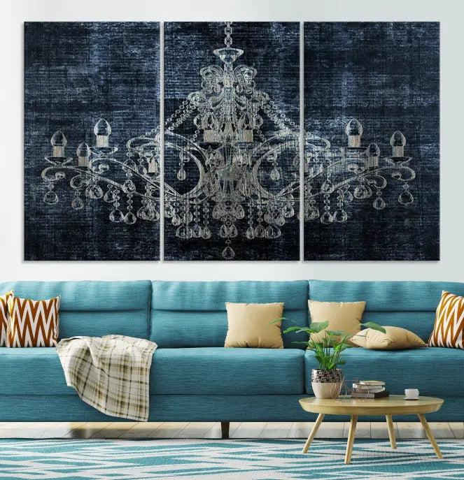 The living room is enhanced with the Dark Chandelier Wall Art Canvas Print. This triptych, set against a textured dark background and crafted on gallery-wrapped museum-quality canvas with a UV-protective coating, adds an elegant touch to the space.