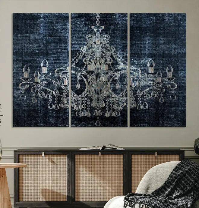 The living room is enhanced with the Dark Chandelier Wall Art Canvas Print. This triptych, set against a textured dark background and crafted on gallery-wrapped museum-quality canvas with a UV-protective coating, adds an elegant touch to the space.