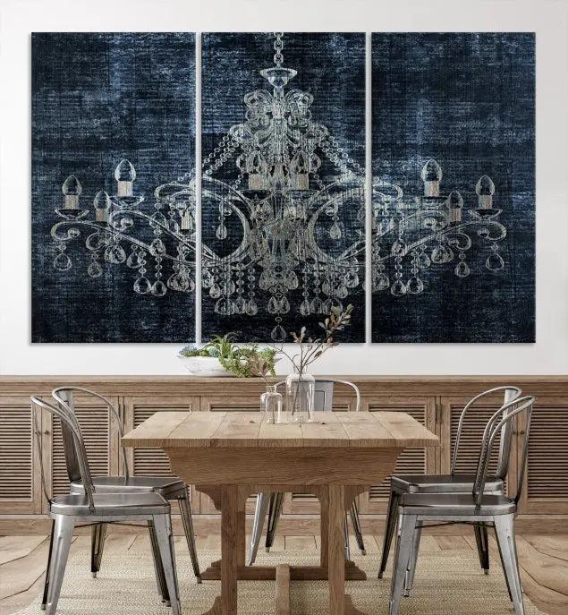 The living room is enhanced with the Dark Chandelier Wall Art Canvas Print. This triptych, set against a textured dark background and crafted on gallery-wrapped museum-quality canvas with a UV-protective coating, adds an elegant touch to the space.