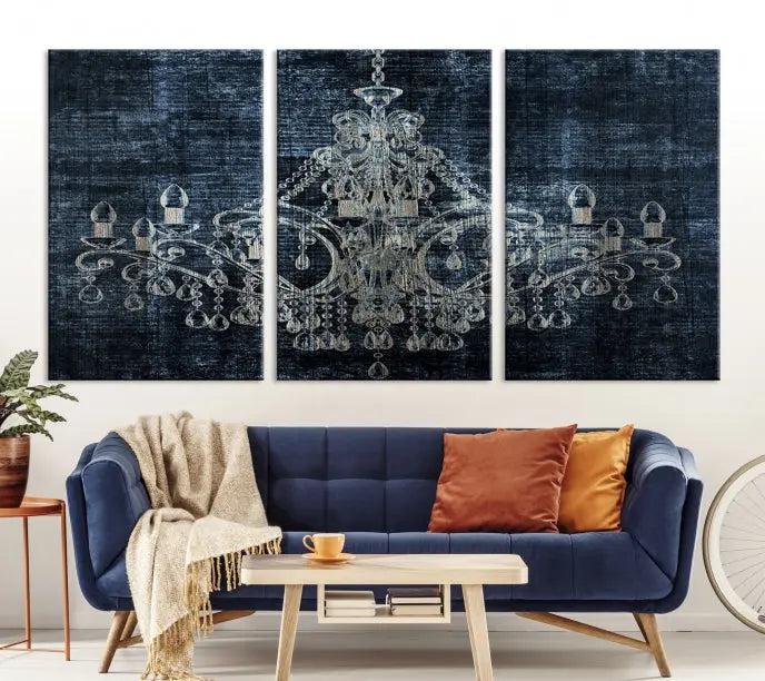 The living room is enhanced with the Dark Chandelier Wall Art Canvas Print. This triptych, set against a textured dark background and crafted on gallery-wrapped museum-quality canvas with a UV-protective coating, adds an elegant touch to the space.