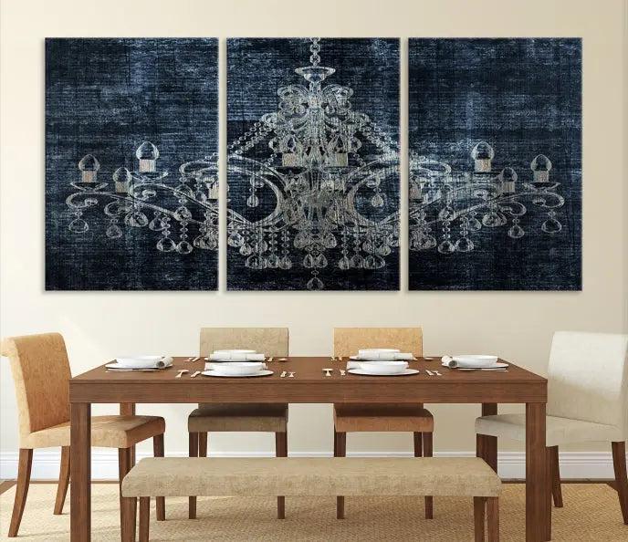 The living room is enhanced with the Dark Chandelier Wall Art Canvas Print. This triptych, set against a textured dark background and crafted on gallery-wrapped museum-quality canvas with a UV-protective coating, adds an elegant touch to the space.