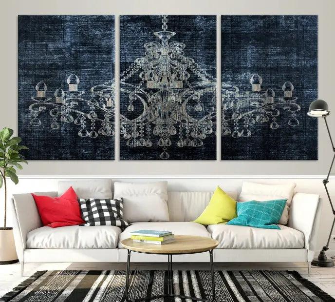 The living room is enhanced with the Dark Chandelier Wall Art Canvas Print. This triptych, set against a textured dark background and crafted on gallery-wrapped museum-quality canvas with a UV-protective coating, adds an elegant touch to the space.