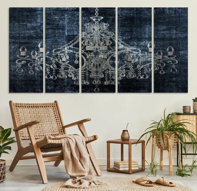 The living room is enhanced with the Dark Chandelier Wall Art Canvas Print. This triptych, set against a textured dark background and crafted on gallery-wrapped museum-quality canvas with a UV-protective coating, adds an elegant touch to the space.