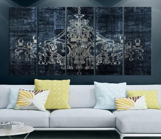 The living room is enhanced with the Dark Chandelier Wall Art Canvas Print. This triptych, set against a textured dark background and crafted on gallery-wrapped museum-quality canvas with a UV-protective coating, adds an elegant touch to the space.