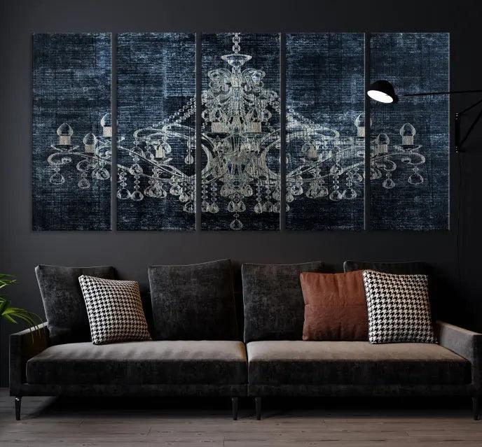 The living room is enhanced with the Dark Chandelier Wall Art Canvas Print. This triptych, set against a textured dark background and crafted on gallery-wrapped museum-quality canvas with a UV-protective coating, adds an elegant touch to the space.