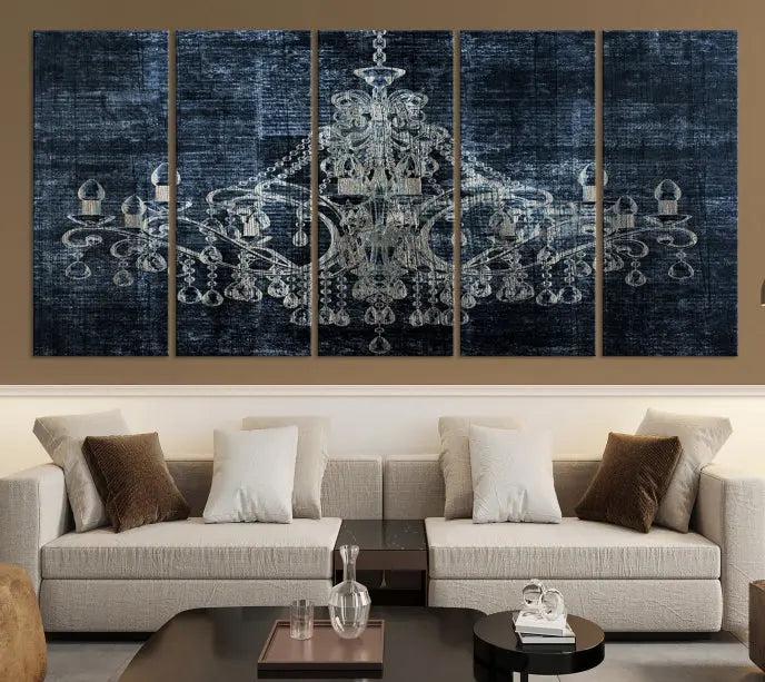 The living room is enhanced with the Dark Chandelier Wall Art Canvas Print. This triptych, set against a textured dark background and crafted on gallery-wrapped museum-quality canvas with a UV-protective coating, adds an elegant touch to the space.