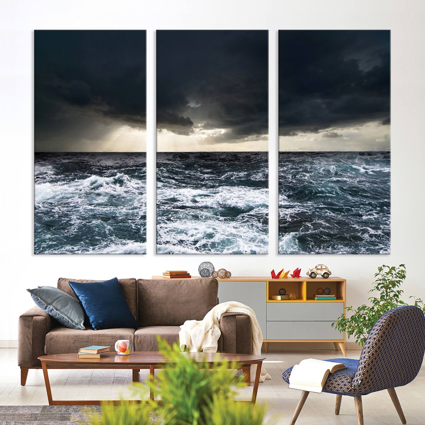 42607-MGV-CV-36X24-Dark Clouds Stormy Sea Large Wall Art Canvas Print, Framed Stormy Sea Canvas