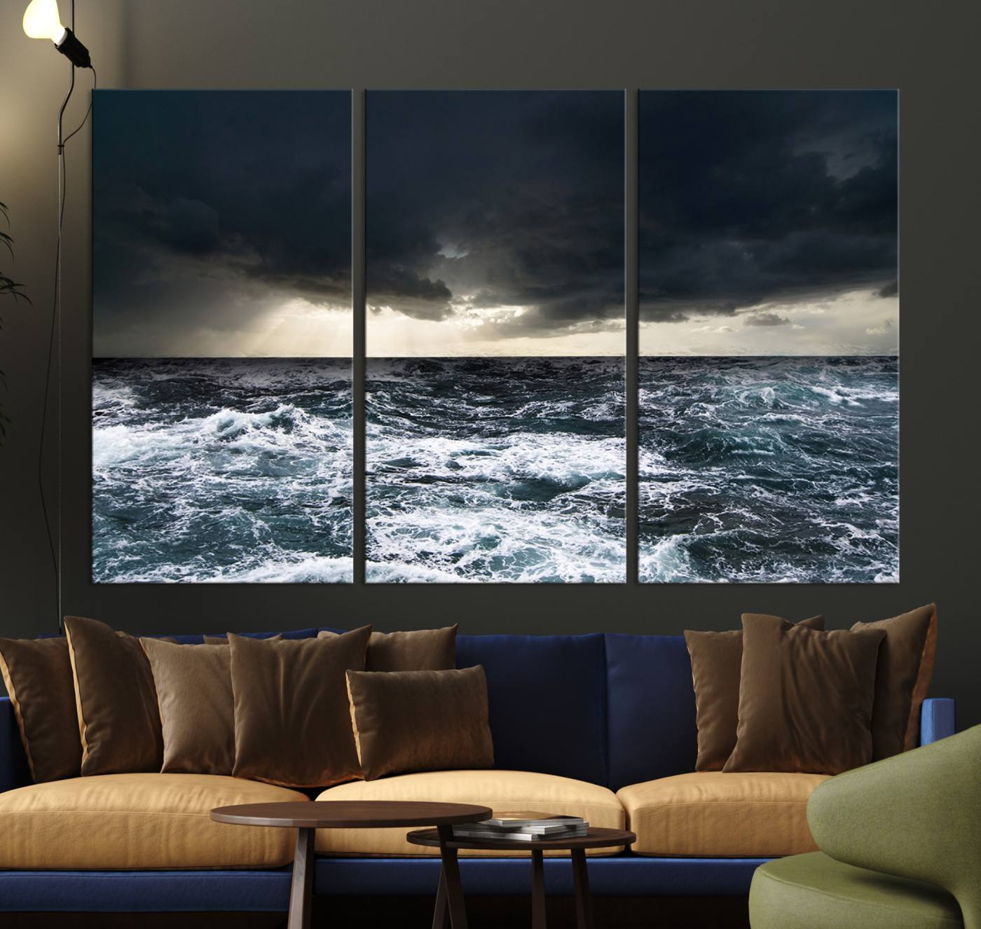 42607-MGV-CV-36X24-Dark Clouds Stormy Sea Wall Art Canvas Print – Framed Large Ocean Waves Storm Coastal Nature Artwork for Home, Office