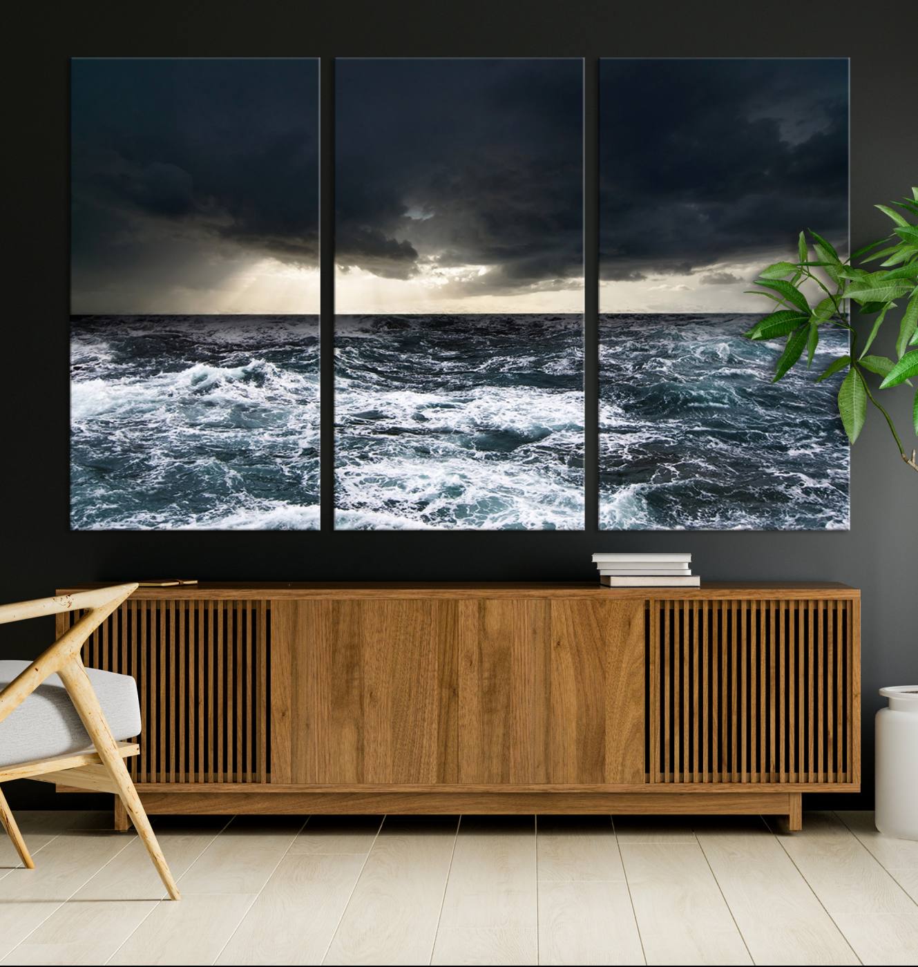 42607-MGV-CV-36X24-Dark Clouds Stormy Sea Wall Art Canvas Print – Framed Large Ocean Waves Storm Coastal Nature Artwork for Home, Office