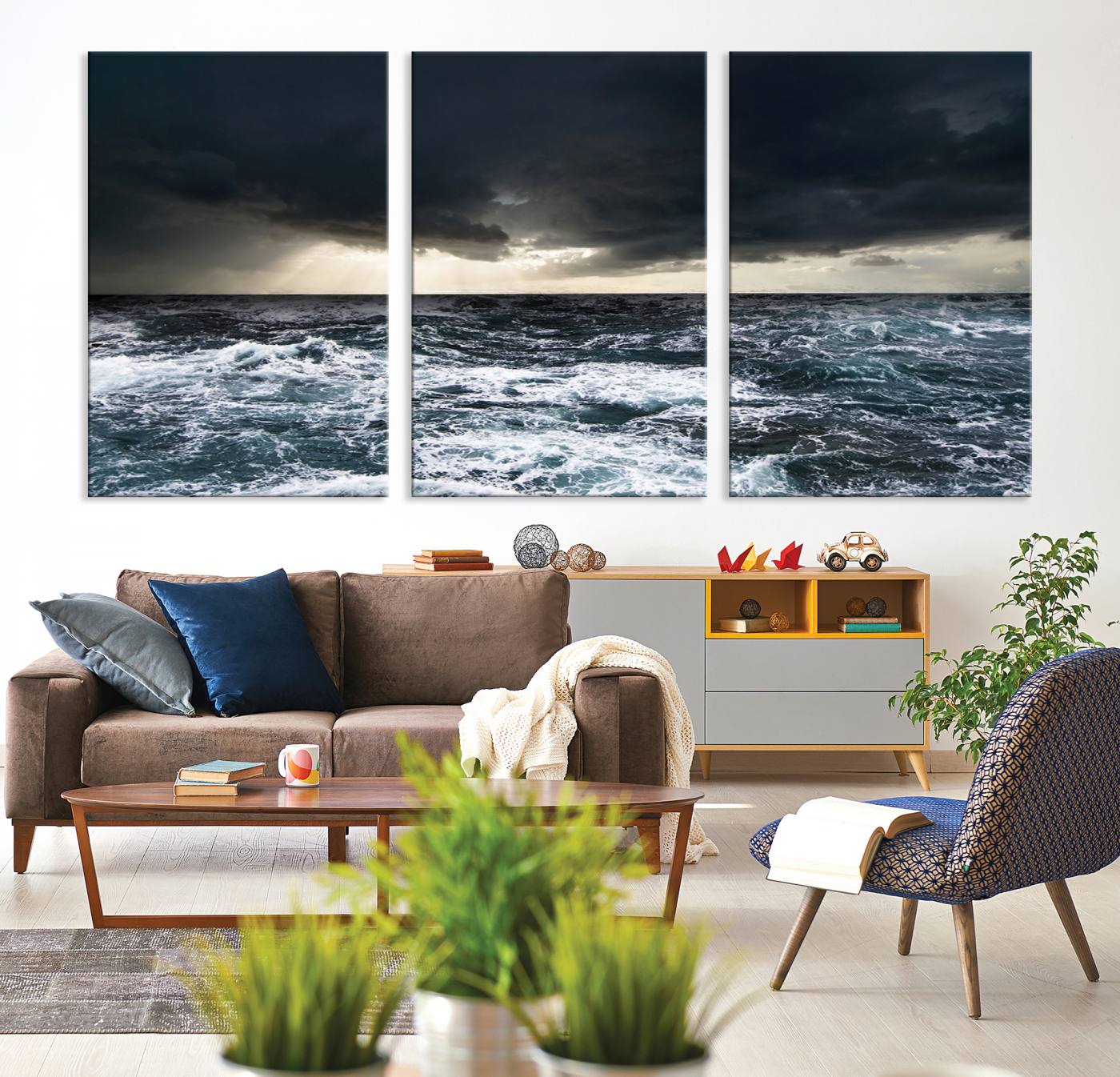 42607-MGV-CV-36X24-Dark Clouds Stormy Sea Wall Art Canvas Print – Framed Large Ocean Waves Storm Coastal Nature Artwork for Home, Office