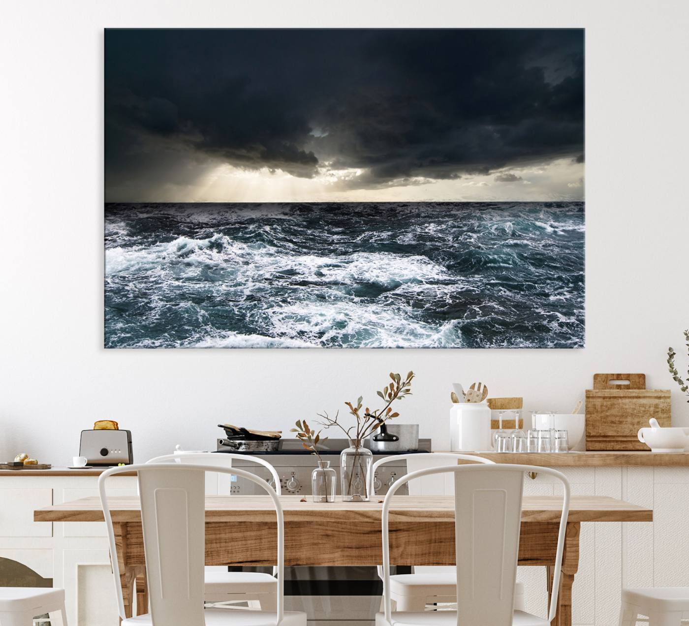 42607-MGV-CV-36X24-Dark Clouds Stormy Sea Wall Art Canvas Print – Framed Large Ocean Waves Storm Coastal Nature Artwork for Home, Office