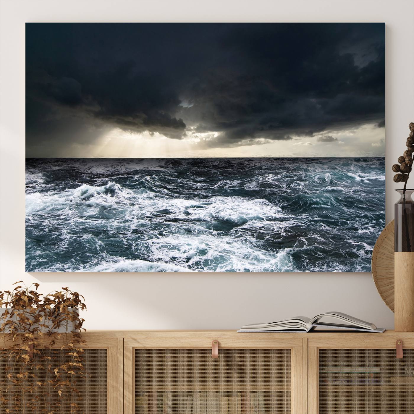 42607-MGV-CV-36X24-Dark Clouds Stormy Sea Large Wall Art Canvas Print, Framed Stormy Sea Canvas