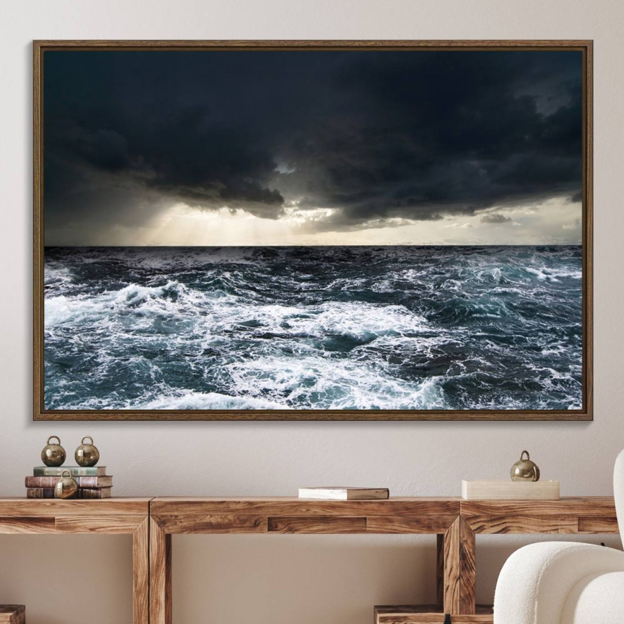 42607-MGV-FC-36X24_Walnut-Dark Clouds Stormy Sea Large Wall Art Canvas Print, Framed Stormy Sea Canvas