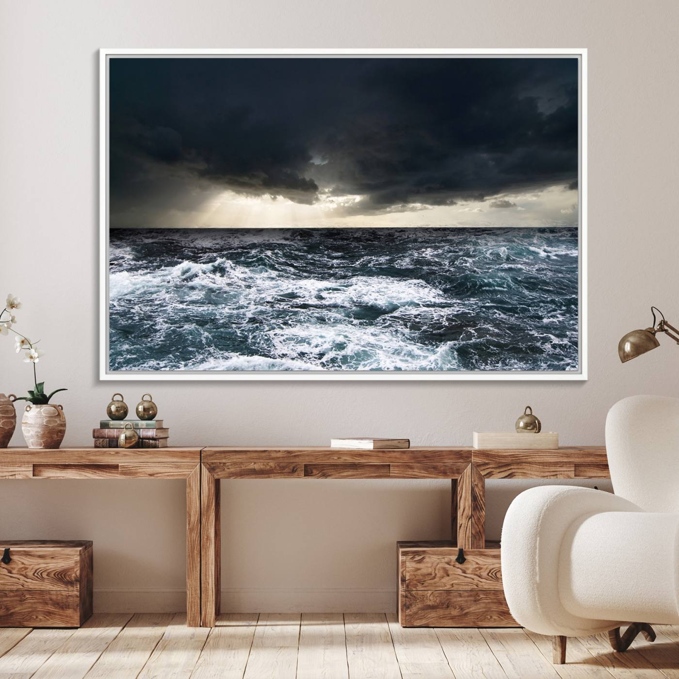42607-MGV-FC-36X24_White-Dark Clouds Stormy Sea Large Wall Art Canvas Print, Framed Stormy Sea Canvas