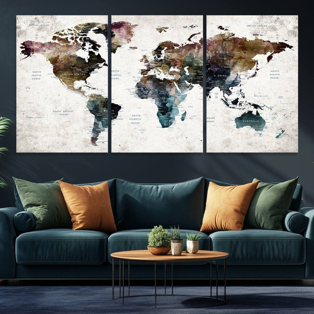 42478-MGV-CV-36X24-Dark Colored Push Pin World Map Wall Art Canvas Print