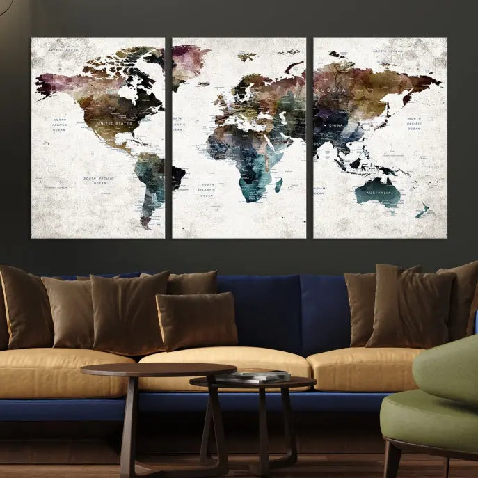 A dark-colored push pin world map wall art canvas print adds global decor flair to the room.