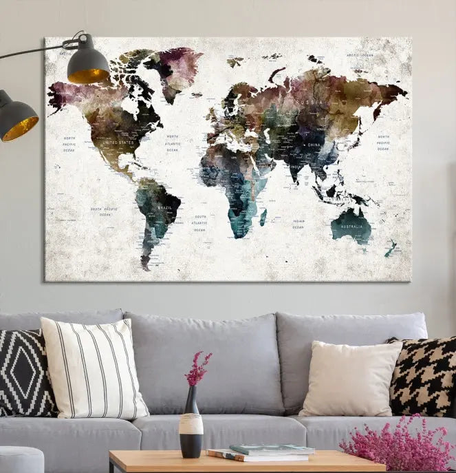 Dark Colored Push Pin World Map Wall Art Canvas Print 