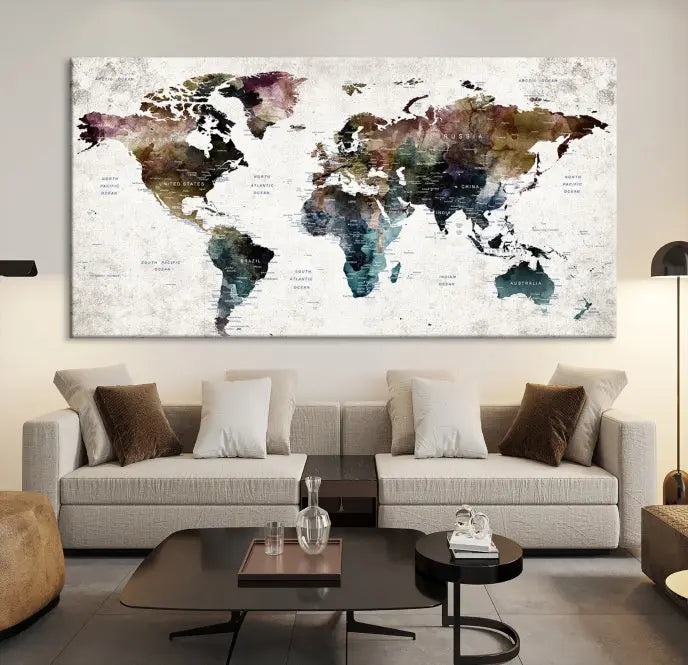 Dark Colored Push Pin World Map Wall Art Canvas Print 