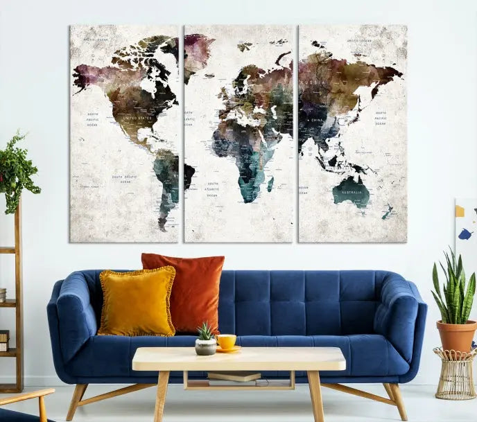 Dark Colored Push Pin World Map Wall Art Canvas Print 