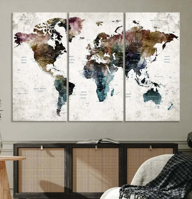 Dark Colored Push Pin World Map Wall Art Canvas Print 