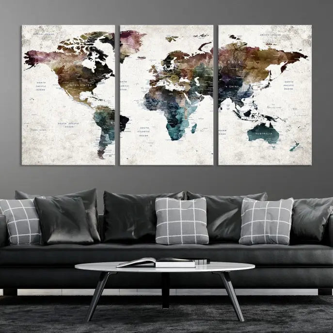 Dark Colored Push Pin World Map Wall Art Canvas Print 