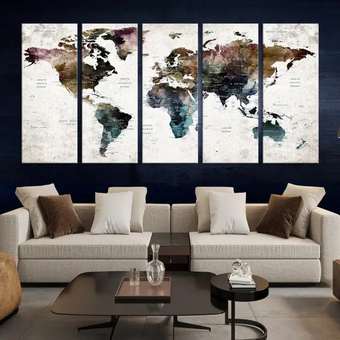 A dark-colored push pin world map wall art canvas print adds global decor flair to the room.