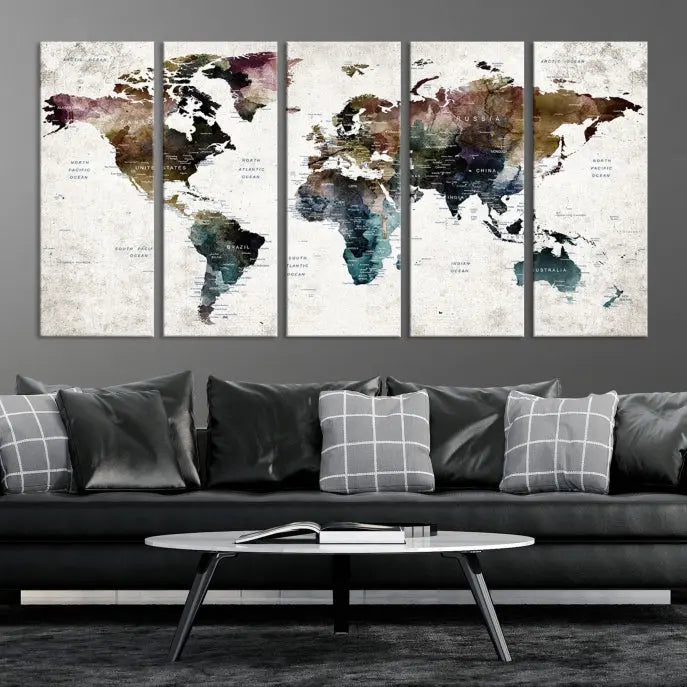 A dark-colored push pin world map wall art canvas print adds global decor flair to the room.