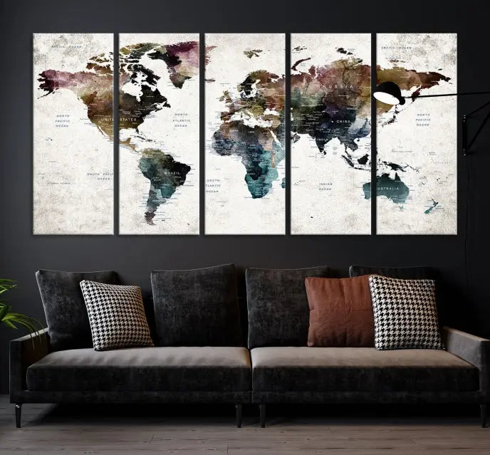 A dark-colored push pin world map wall art canvas print adds global decor flair to the room.