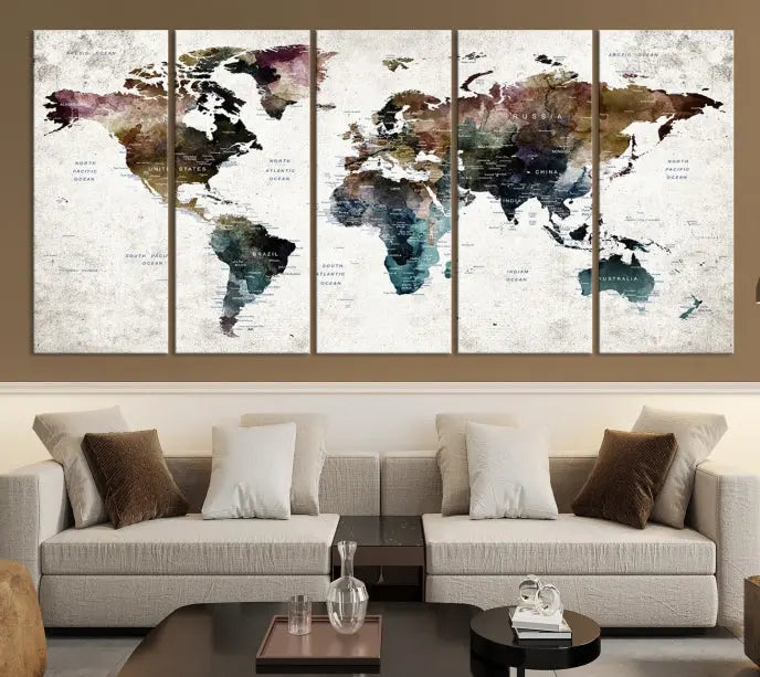 A dark-colored push pin world map wall art canvas print adds global decor flair to the room.