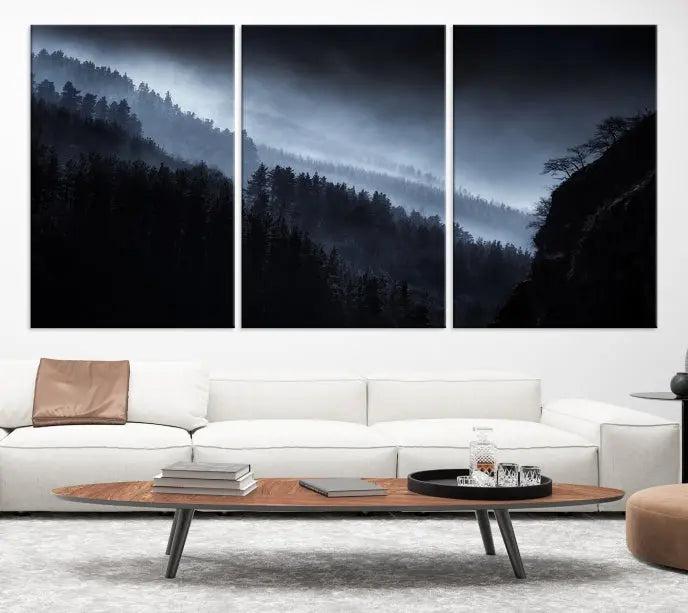 The Dark Forest Wall Art Canvas Print, featuring a UV-coated triptych of misty mountains, is crafted on museum-quality canvases to elevate the space.