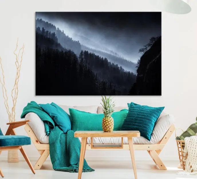 The Dark Forest Wall Art Canvas Print, featuring a UV-coated triptych of misty mountains, is crafted on museum-quality canvases to elevate the space.