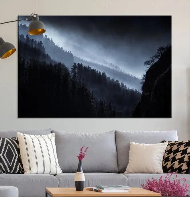 The Dark Forest Wall Art Canvas Print, featuring a UV-coated triptych of misty mountains, is crafted on museum-quality canvases to elevate the space.