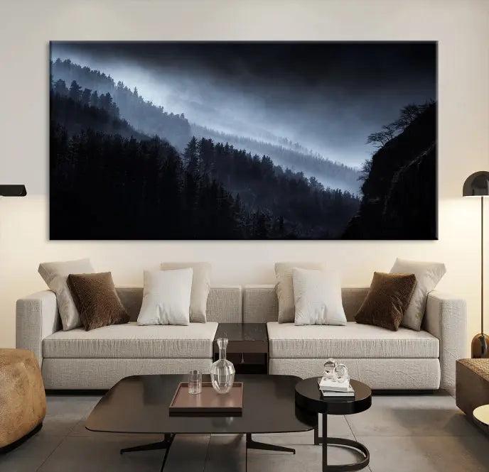 The Dark Forest Wall Art Canvas Print, featuring a UV-coated triptych of misty mountains, is crafted on museum-quality canvases to elevate the space.