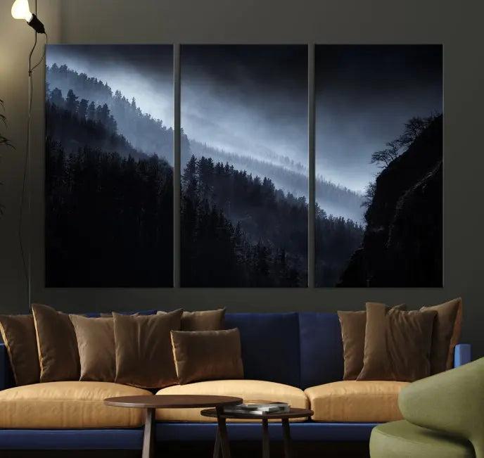 The Dark Forest Wall Art Canvas Print, featuring a UV-coated triptych of misty mountains, is crafted on museum-quality canvases to elevate the space.