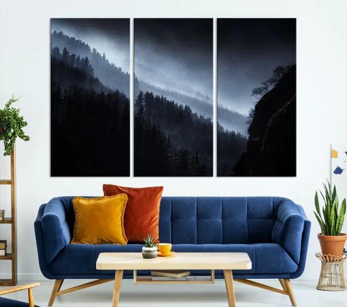 The Dark Forest Wall Art Canvas Print, featuring a UV-coated triptych of misty mountains, is crafted on museum-quality canvases to elevate the space.