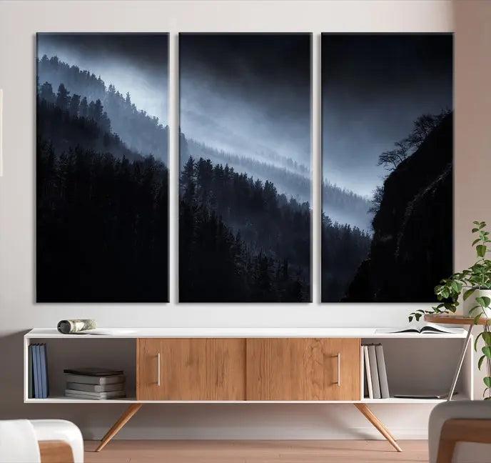 The Dark Forest Wall Art Canvas Print, featuring a UV-coated triptych of misty mountains, is crafted on museum-quality canvases to elevate the space.