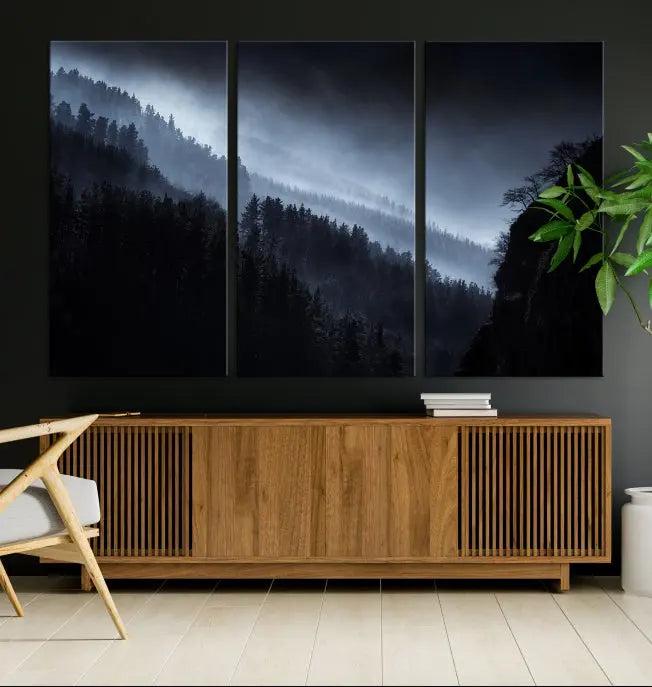 The Dark Forest Wall Art Canvas Print, featuring a UV-coated triptych of misty mountains, is crafted on museum-quality canvases to elevate the space.